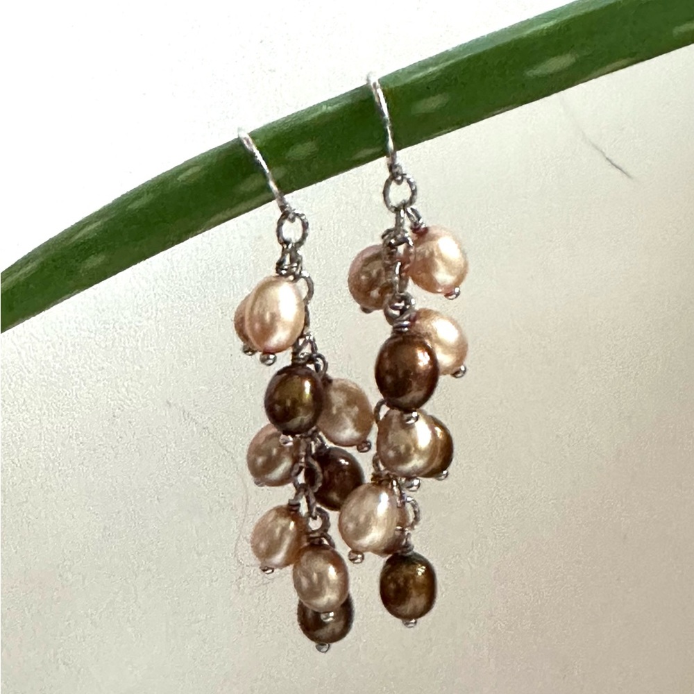 Honora Dangling shades of beige & brown pearl earrings appropriately 2” drop 925